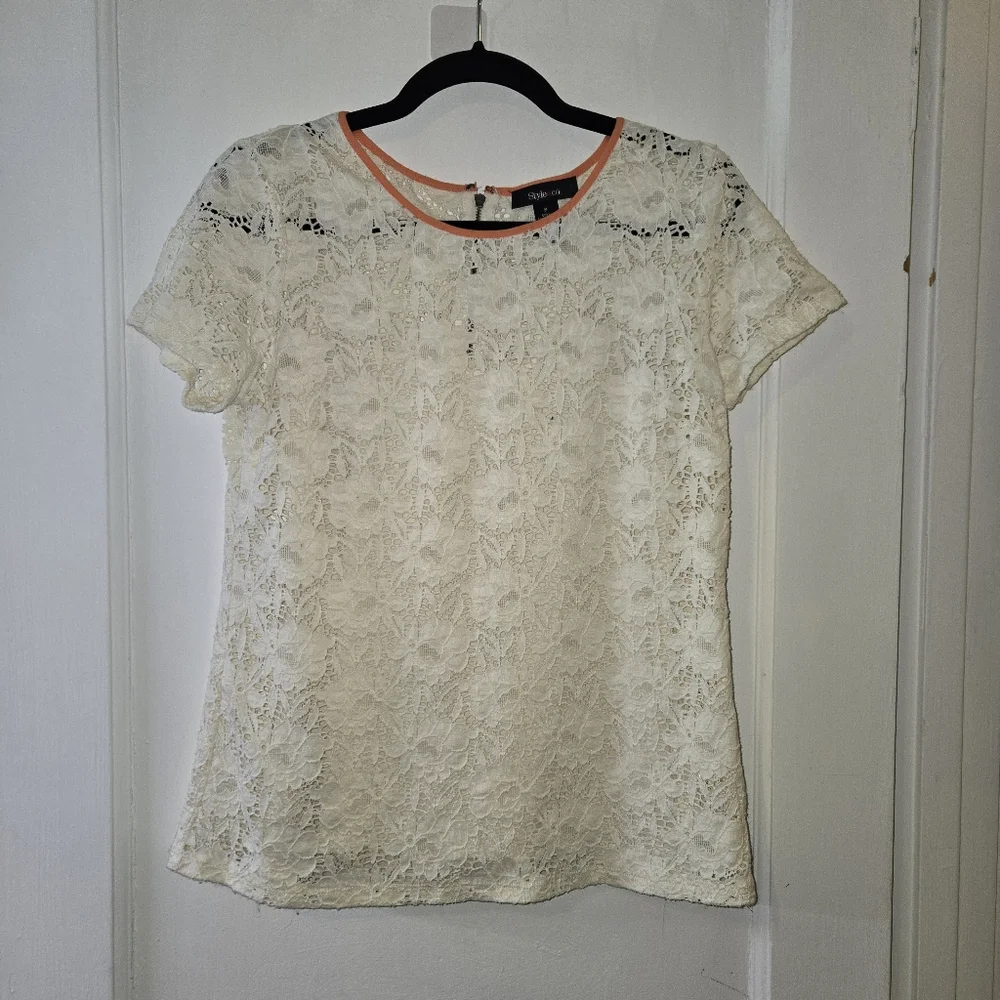 Style & Co Ivory Floral Lace Short Sleeve Top - Size S - Picture 11 of 11
